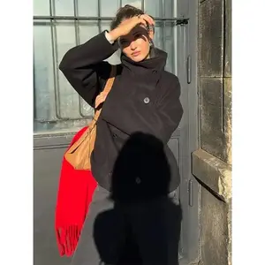 French Style Coat Women Minimalist Double Breasted Jacket High Neck Oversized Fit Longline Blazer Fall Office To Street Chic Outerwear