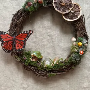 One of a Kind Woodland Fairy Wreath – 10” Grapevine Wreath with Crystals, Mushrooms, Butterfly & Dried Oranges | Cottagecore Home Décor Decor