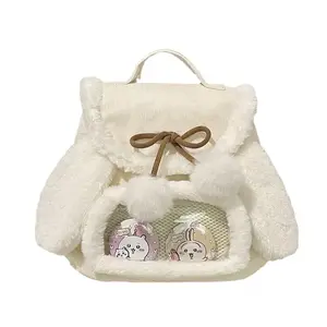 Cute White/Pink Backpack with Plush Design and Cute Animal Illustrations