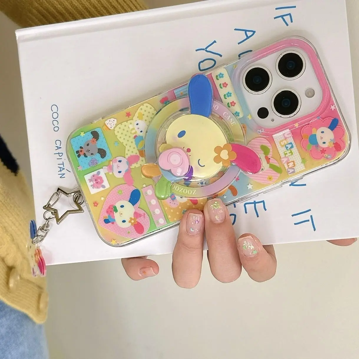 Magnetic Dual-Layer Heart Rainbow Bunny Ears Protective Cellphone Case for iPhone 16 Pro Max, Stylish Women's Simple Design, Includes Stand & Charm, Casing
