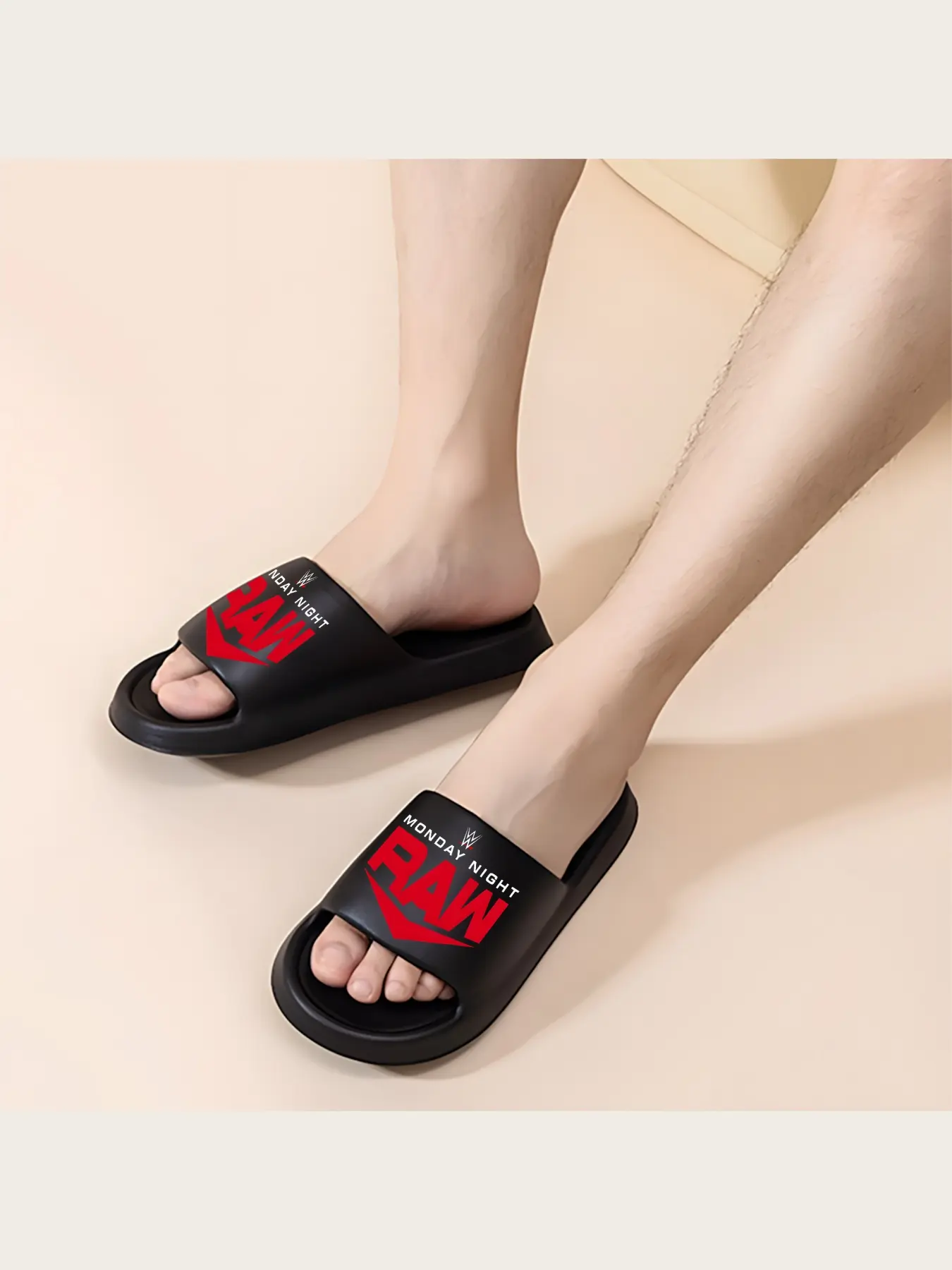 Mens WWE Monday Night RAW Logo Print Slide Sandals, Non-Slip EVA Slippers for Indoor Outdoor Beach Shower, Comfortable Summer House Shoes Footwear