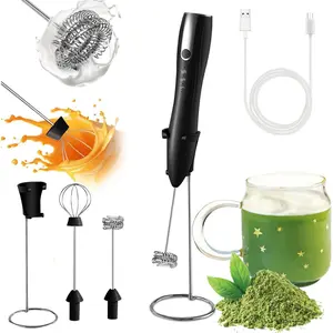 Rechargeable Milk Frother with Stand, Electric Frother Wand Handheld Coffee  Maker Detachable Stainless Steel Whisk Drink Mixer Foamer for Latte, Cappuccino, Hot , Egg, (Black)