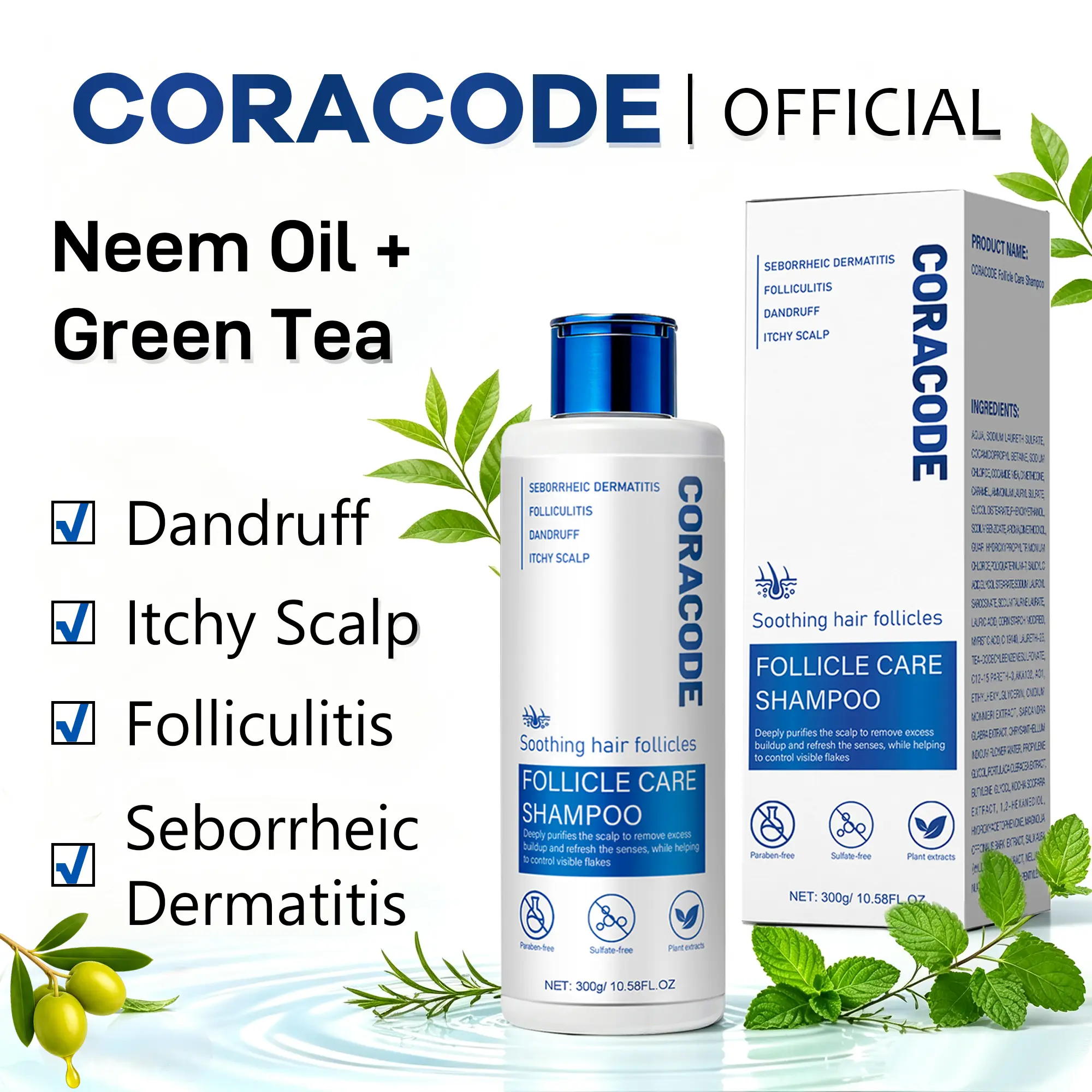 CORACODE Botanic Follicle Care Cleanser Shampoo with Tea Tree Oil & Willow Bark - Liquid Clarifying, Anti-Dandruff Formula for Itchy, Oily, Flaky Sensitive Scalp & Buildup, 10.58 Fl Oz for Men & Women