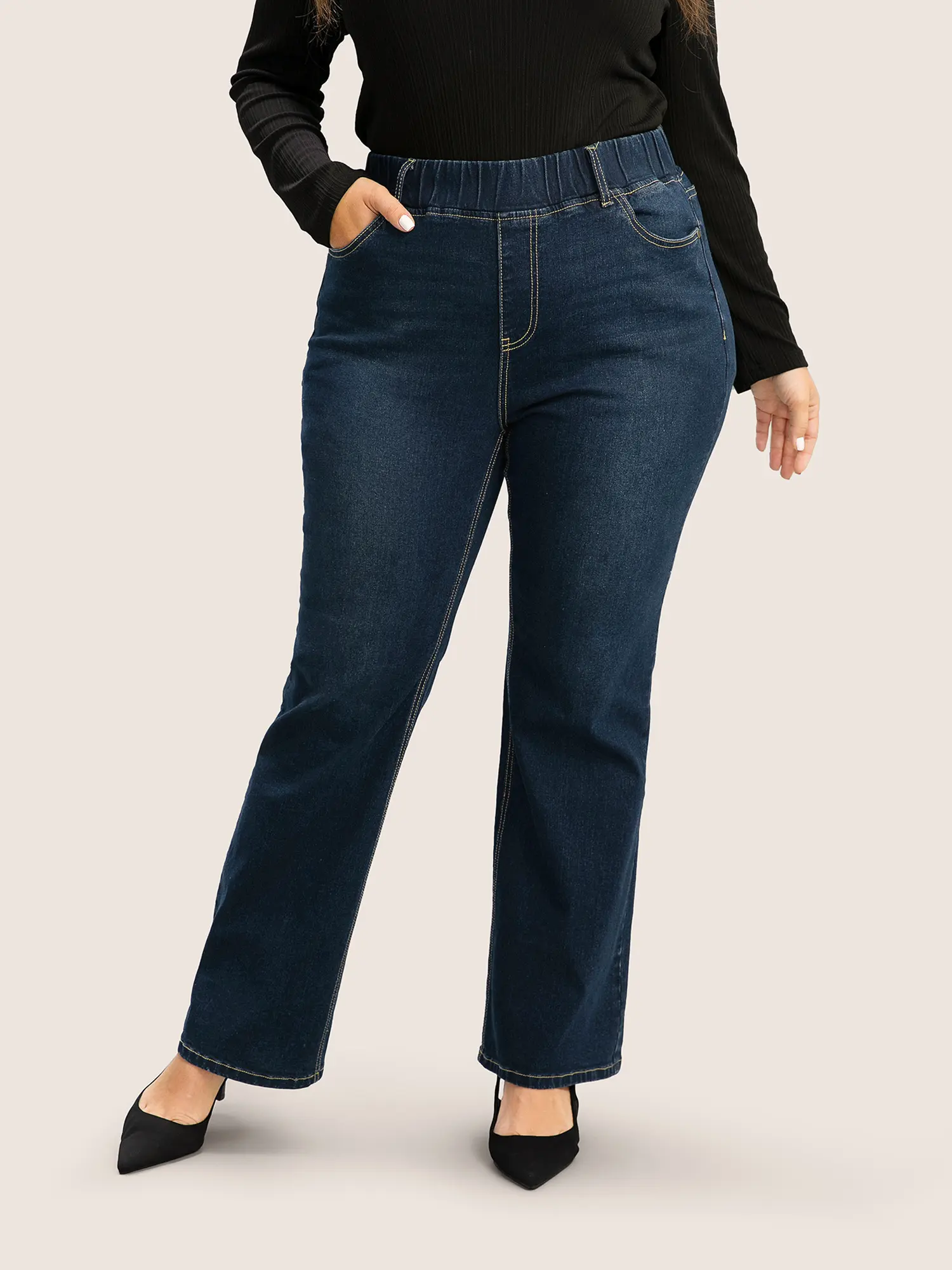 BLOOMCHIC Women's Plus Size High-Stretch Indigo Bootcut Jeans - Spandex Cotton Fabric Bottom Garment with Elastic Waist, Slanted Pockets, Plain Dailywear [M-6X] Fit Womenswear Swimweek, Basic,summerwins Fit,Summerfinds