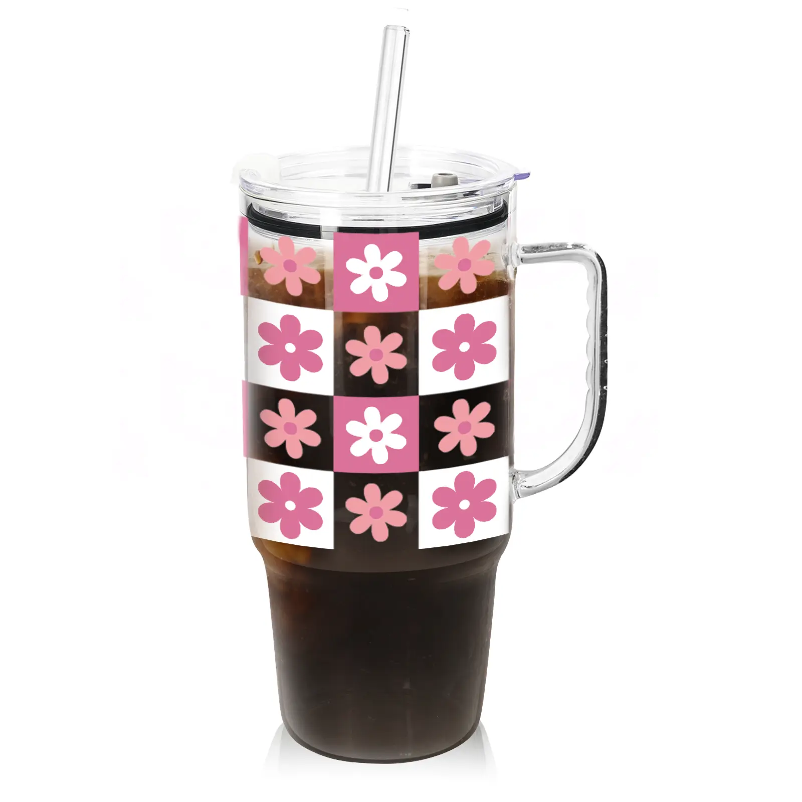 ANOTION Valentines Gift for Women  Drinking Glasses with Lids and Glass Straw, Iced Coffee Cup Cute Tumbler 40oz Glass Cup Fits In Cup Holder