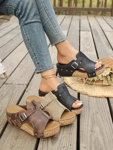 2026 Summer Vintage Wedge Platform Mules for Women, Wedges Platform, Soft Leather Open-Toe Wedge Heels with Buckle, Three Color Options, Chunky Cork Heels for Plus Sizes 40-43, Breathable Casual Slippers for Everyday Wear Footwear