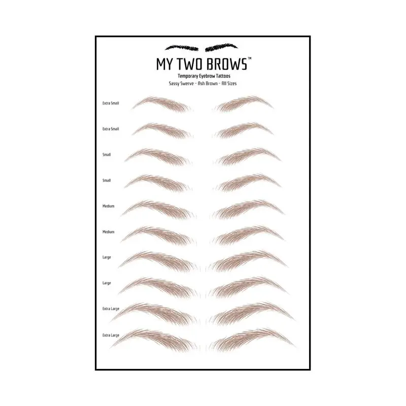 (10 pairs) Ash Brown Temporary Eyebrow Tattoo - Extra Small Size - Waterproof & Smudgeproof - Sassy Swerve Style Eyebrow Stickers - Sheet Lasts up to 30 Days - Won't Work on Existing Brows