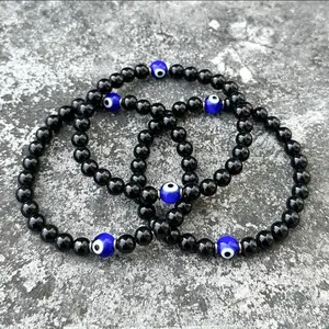 Natural Handmade Empath Protection Black Tourmaline Evil Eye Healing Bracelet 6mm Beads Stretch Men Women Bracelet Healing Chakra Gemstone
