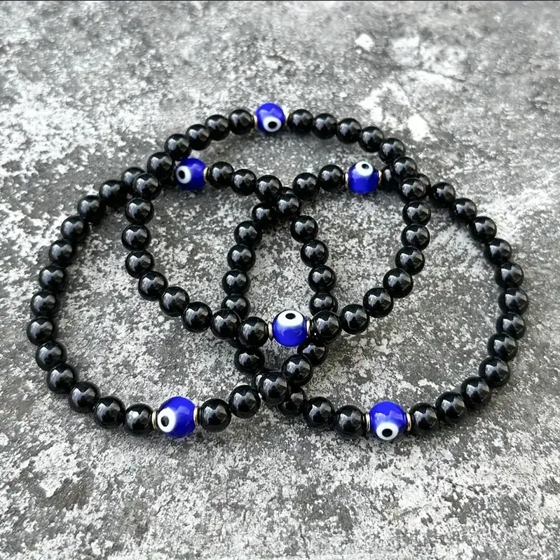 Natural Handmade Empath Protection Black Tourmaline Evil Eye Healing Bracelet 6mm Beads Stretch Men Women Bracelet Healing Chakra Gemstone