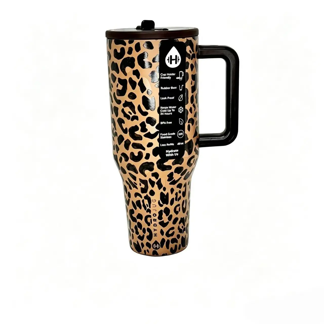 HydroJug 40oz Stylish Cherry & Leopard Print Insulated Stainless Steel Flask - Portable Leak-Proof BPA-Free Handle & Sling Bottle, 24-Hour Cold Retention for Iced Coffee, Car & Office Use