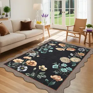 Farmhouse Floral Living Room Rug with Non-Slip Rubber Backing Scallop Printed Area Rug for Bedroom Dining Room Office