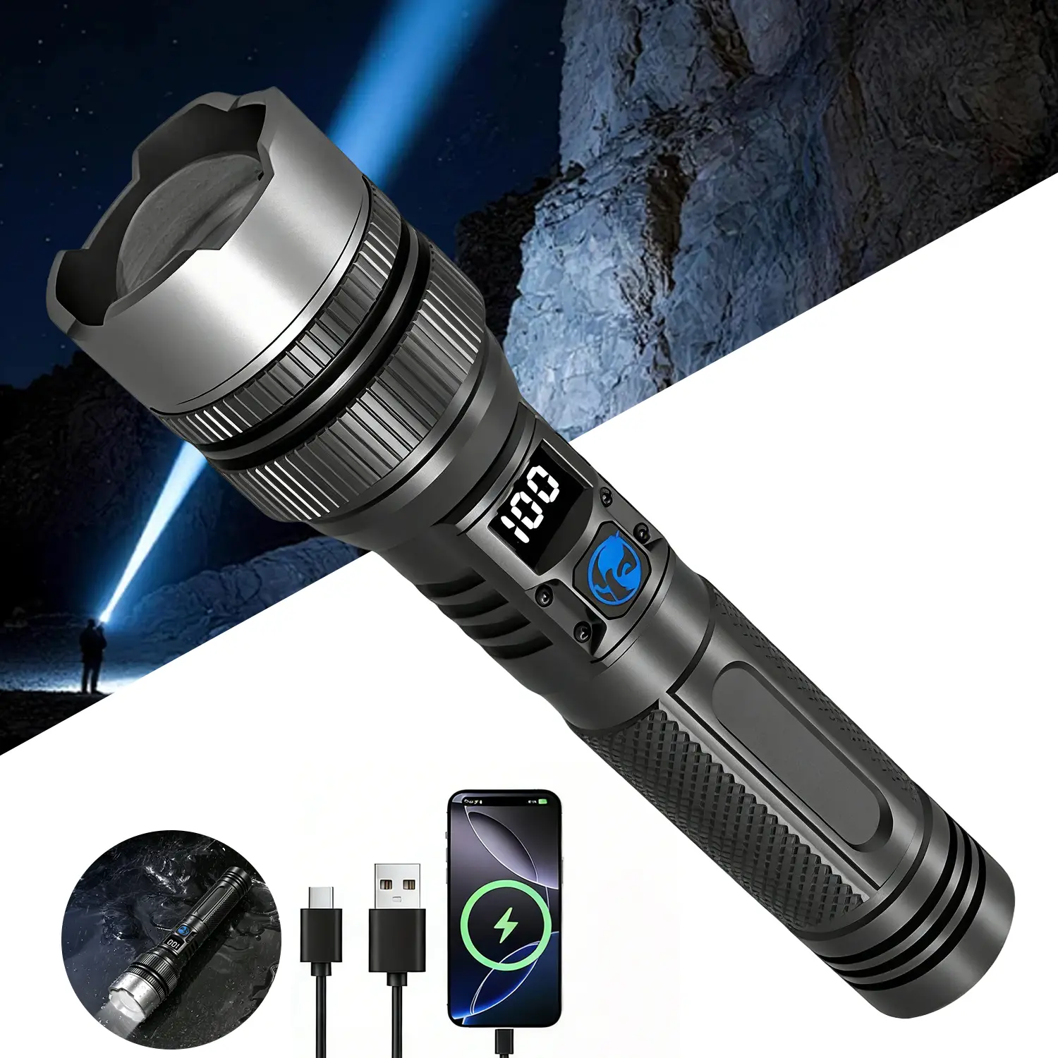 【2pcs】2-in-1 Flashlights  (Power Bank),Rechargeable Small Flashlight, IPX4Waterproof, Adjustable Focus Flash Light for Outdoor, Emergency, , Tactical & Camping Accessories，Black  BackToSchool