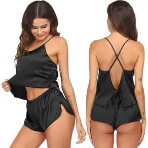Silk Pajamas Set for Women Satin Backless Lingerie Pjs Cami Top and Shorts Nightwear