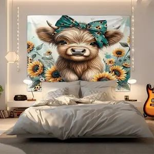 A Soft and Adorable Highland Cow Tapestry, a Fluffy Digitally Printed Wall Hanging, and a Whimsical Home Decor Tapestry Featuring Sunflowers and Teal Bows – Perfect for a Nursery or Bedroom, and an Ideal Gift for Animal and Nature Lovers.
