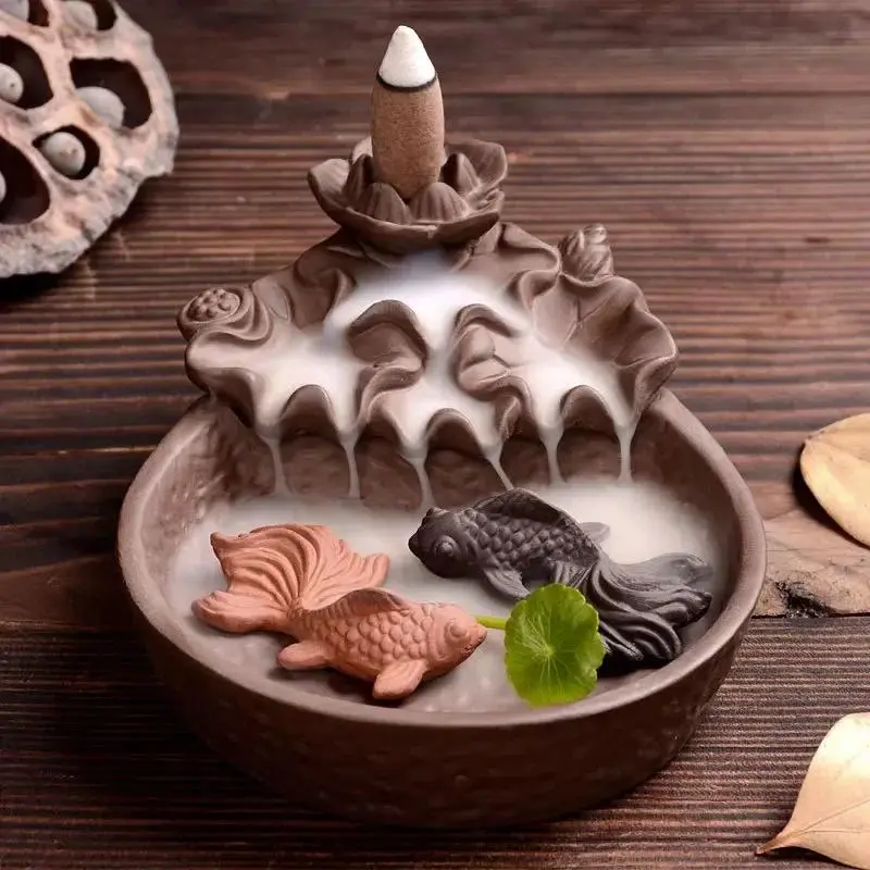 Lotus & Fish Design Backflow Incense Burner, 1 Count Decorative Creative Ceramic Incense Holder, Home Decorations Fragrance Incense Stick Holder for Bathroom Hotel Salon, (without Incense), Aromatizer