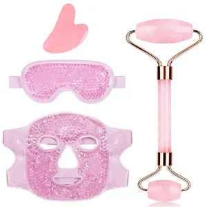 Facial Cold Compress Set + Facial Roller Gua Sha Board Suitable for Facial Cooling and Skin Detoxification, with Essential Oil Facial Massage Stretching Lift, Perfect Gift for Ladies, Facial Care Tool