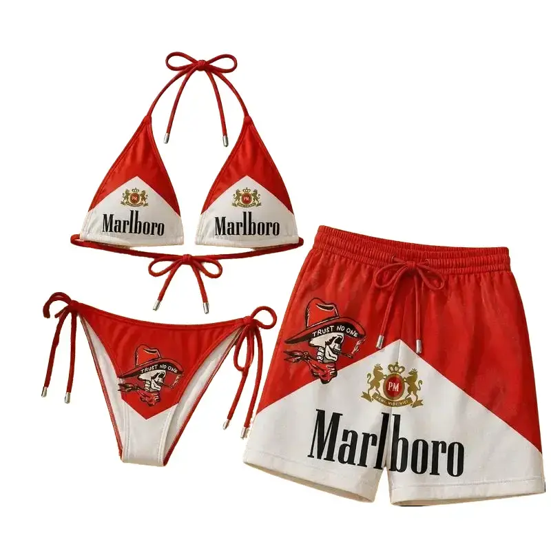 Marlboro Desert Cowboy Print Couple Beachwear - Women’s Bikini Set, Men’s Swim Shorts, Vintage Western Aesthetic, Bold Graphic Summer Vacation Swimwear