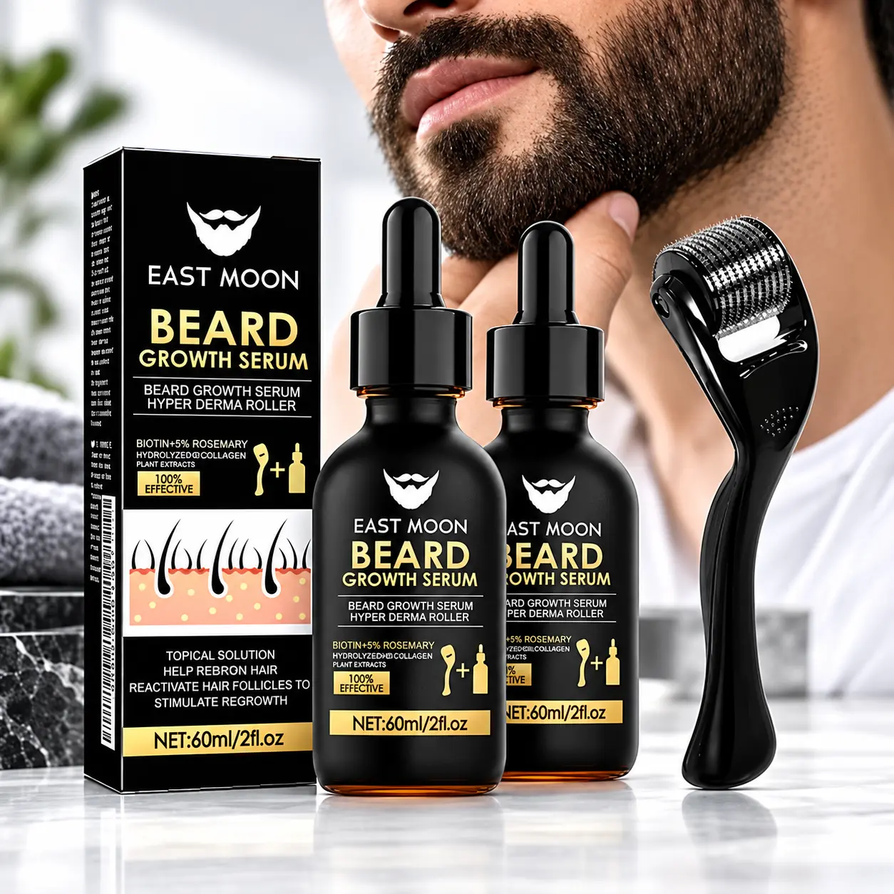 Men’s Beard Care Kit with 60ml Beard Serum & Derma Roller, Biotin + Rosemary Conditioning Care for Softer, Smoother & Well-Groomed Facial Hair