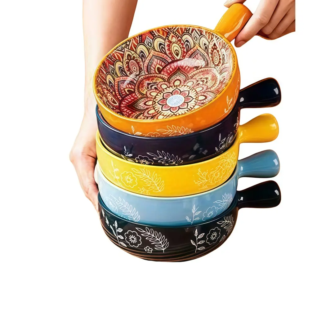 Bohemian Style Ceramic Salad Bowl with Handle, 20.5 Cm Diameter, Microwave and Oven Safe, Durable Kitchenware for Home Baking and Dining, Salad Serving Bowls