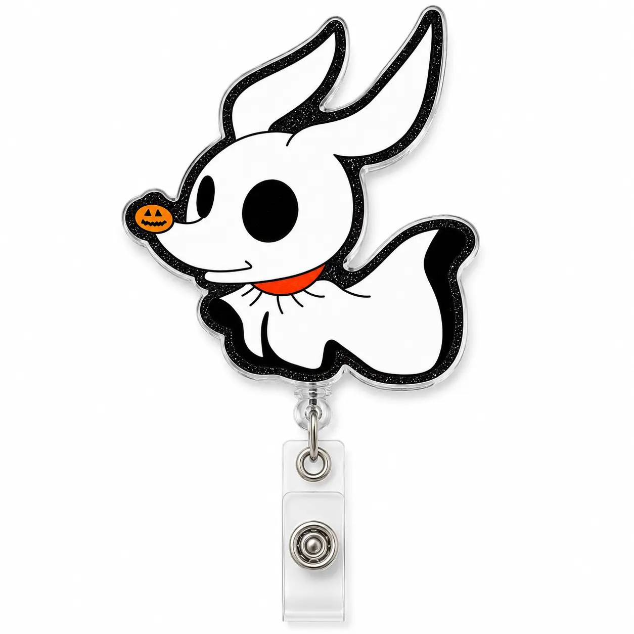 Halloween ghost dog badge reel, pumpkin nose retractable ID badge holder, black and white spooky work accessory for everyday ID use