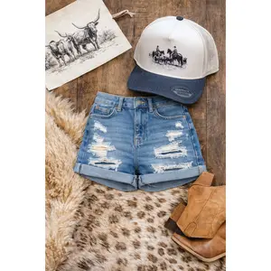 LIGHT WASHED DISTRESSED CUFFED SHORTS