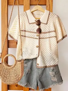 Women's Summer Vacation Fashion Street Casual Loose Striped Colorblock Lapel Hollow Out Button Comfort Short Sleeve Knit Cardigan