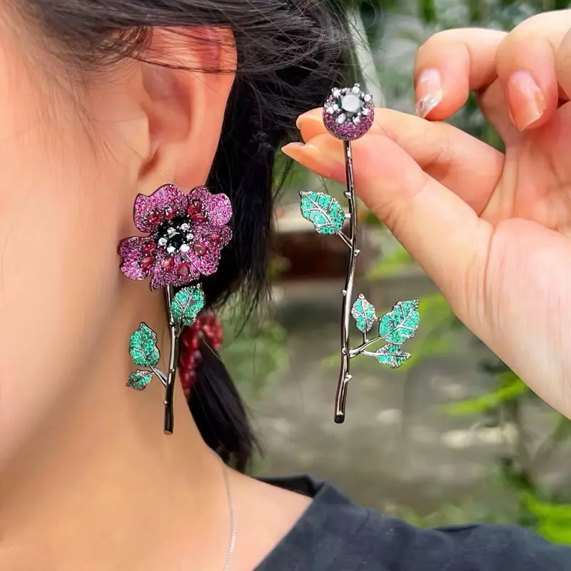 Carrie Flower Earring - Floral Design with Green Accents, Elegant Ear Accessory accessories women