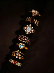 7pcs/Set Vintage Elegant Luxury Versatile Distressed Antique Gold Heart, Floral, Shaped Ring Set, Suitable For Daily Wear, Festivals, Parties