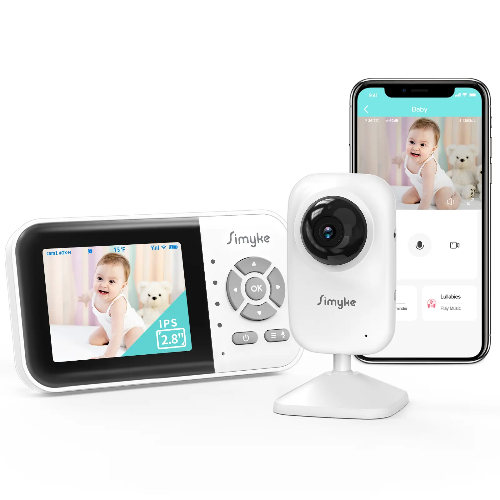 Simyke Cordless 360-Degree Wireless Video Baby Safety Monitor - No WiFi, 2.8" Screen, HD Night Vision, 2-Way Audio, VOX Mode, 1200ft Range, Plug & Play, Expandable for Toddlers, Home Security Cameras & Systems