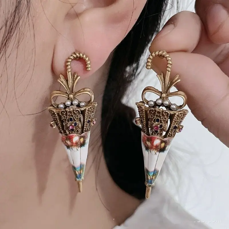 Female Antique-Look Enamel Parasol Dangle Earrings - Floral Motifs Vintage Costume Jewelry, Daily Wear Fashion Accessory, Whimsical Earrings, Colorful Statement Earrings