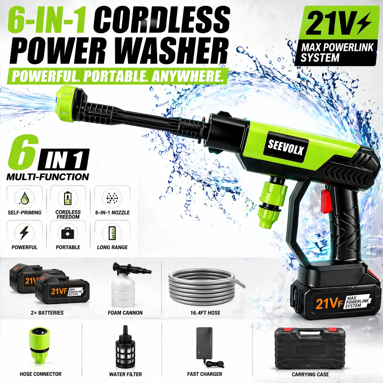 SEEVOLX 21VF Cordless High Pressure Handheld Spray Gun, 6-in-1 Adjustable Car Wash Nozzle, Portable Ergonomic Water Booster for Car & Heavy-Duty Outdoor Cleaning, Car Washing Tool, Wireless High Pressure