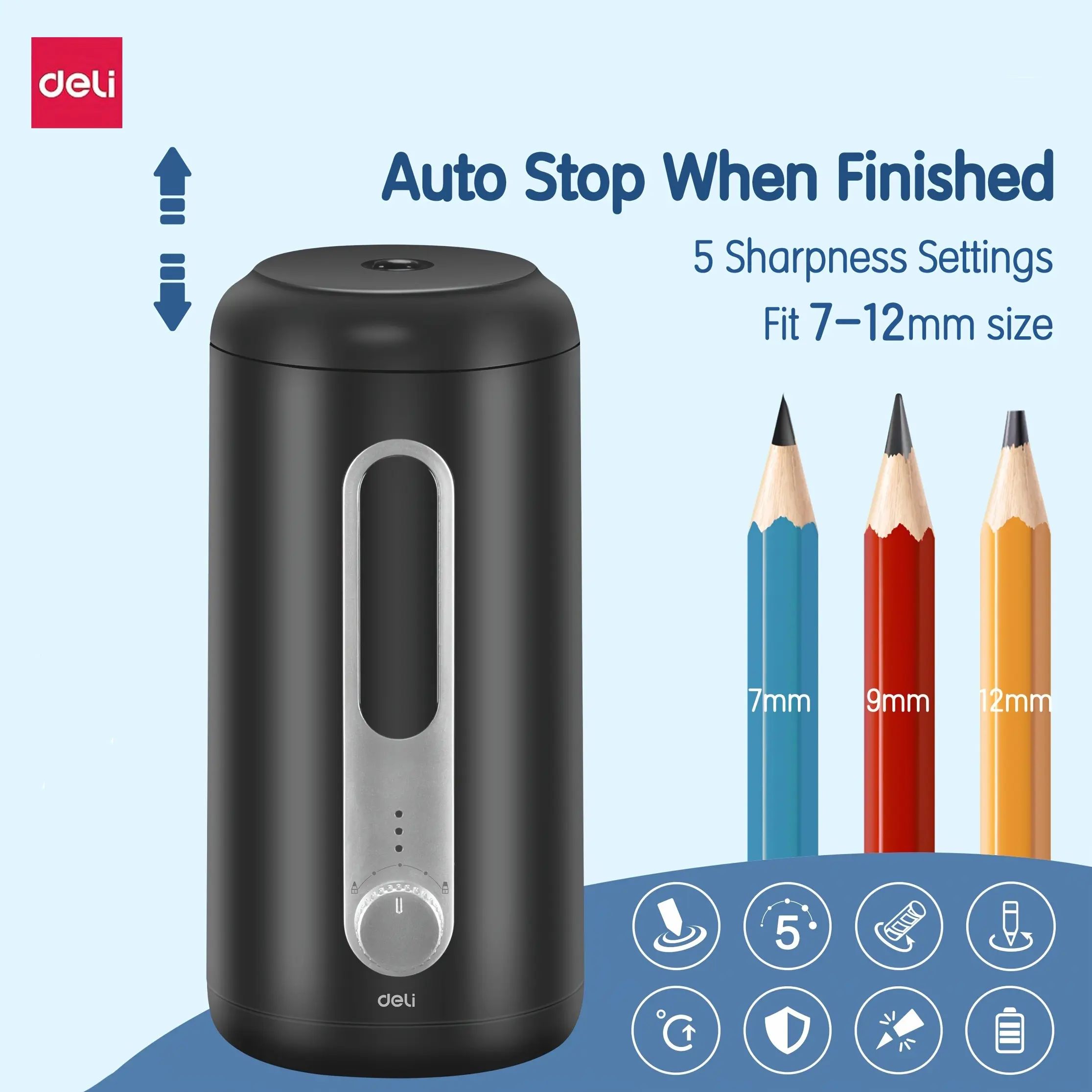 Halloween Gifts Deli Electric Pencil Sharpeners, 5 Sharpening Settings for 7-12Mm Pencils, Auto Stop, USB And Battery, Heavy Duty Sharpeners for Home And Office, Black
