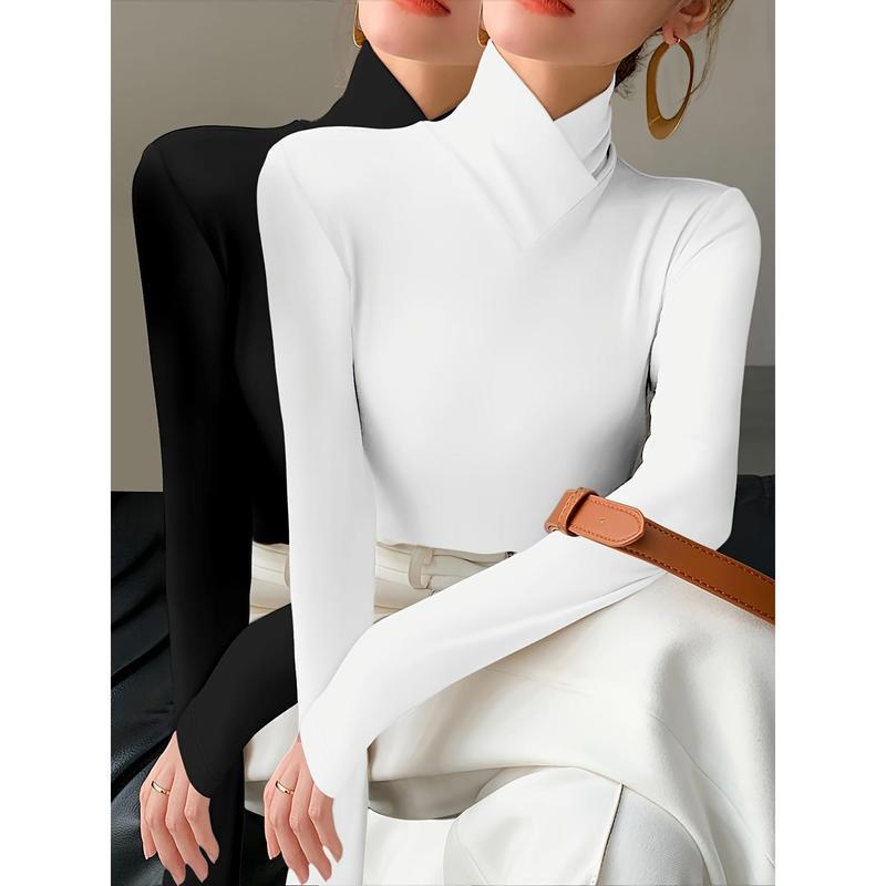 [Cross Detail Polyester Knit Tops] 2pcs High Neck Long Sleeve ...