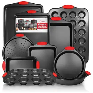 Perlli Baking Pan 10 Piece Set Nonstick Carbon Steel Oven Bakeware Kitchen Set with Silicone Handles, Cookie Sheets, Round Cake Pans, Square Pan, Loaf Pan, Roasting Pan, Pizza Crisper, Muffin Pans
