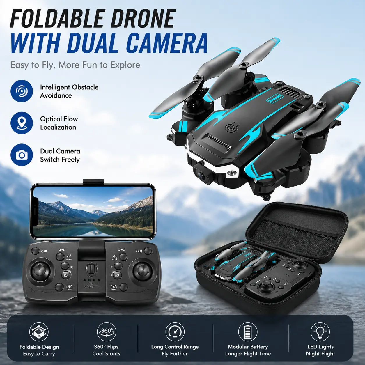 Foldable RC Drone with Camera Accessories, Carrying Bag, Rechargeable Battery, Compact Outdoor Design, Portable Remote Control Quadcopter for Beginners (Digital Cameras Compatible)