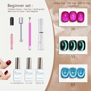 Beginner Set 10ml Cat Eye Nail Gel Polish  Hema free TPO free gel - Each Set With UV Lamp & Multi-Magnets & Peel off Base Coat & Top Coat  & Building Gel Polish DIY At Home Nail Manicure