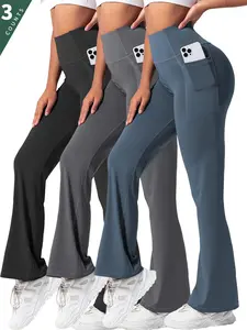 Women's Solid High Waist Flare Leg Sports Leggings, Casual Comfy Pocket Design Bell Bottom Trousers for Yoga Gym Workout, Ladies Sportswear for All Seasons, Flared Yoga Bottoms