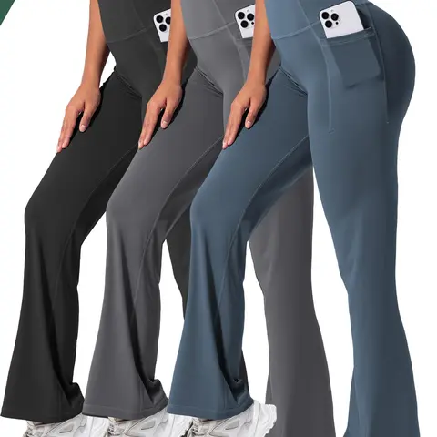 Women's Solid High Waist Flare Leg Sports Leggings, High Stretch Sporty, Flared Yoga Bottoms, Fitness Bottoms, High Waist Activewear, Casual Comfy Pocket Design Bell Bottom Trousers for Yoga Gym Workout, Ladies Sportswear for All Seasons