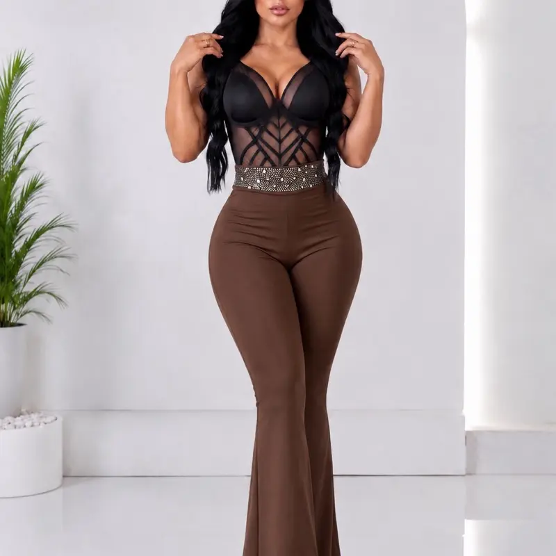 Women's Colombian High-Waist Suplex Full-Length Leggings - Rhinestone Detail, Premium Stretch Push-Up Fit, Comfortable Elegant Bottoms - 1 Size Fits S/M/L