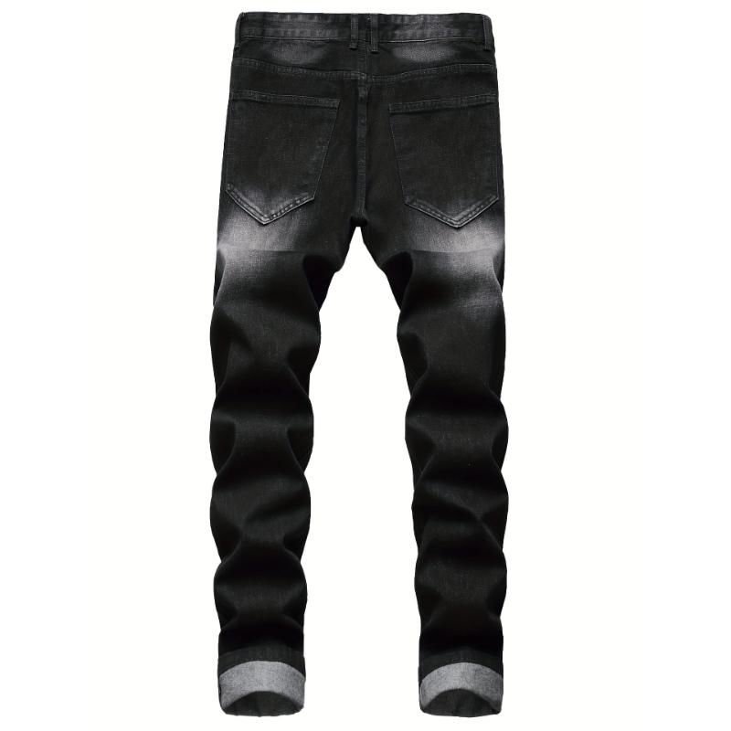 Men's Slim Fit Ripped Jeans - Distressed Black Denim Pants With Street Style Design, Comfortable Straight Leg Cut, Machine Washable, All-Season Casual Wear, Casual Wear Jeans|   Bold Statement Jeans|   Stretchable Fabric Streetwear Cotton