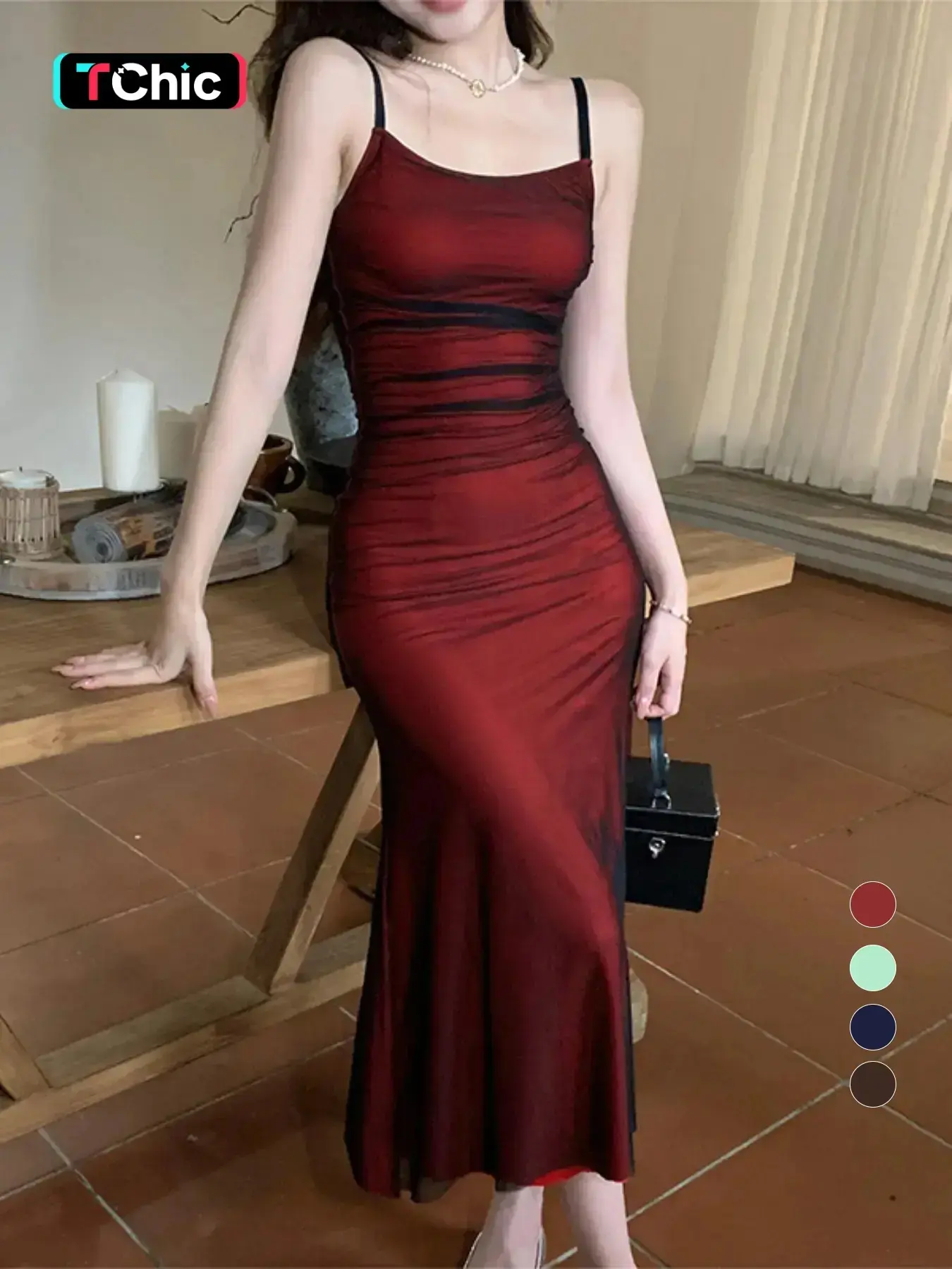 Women's Plain Ruched Knit Cami Dress, Elegant Sleeveless Spaghetti Strap Bodycon Long Dress for Party Club Dating Wear, Ladies Clothes for All Seasons
