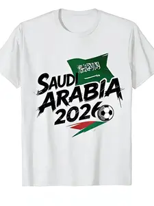 Saudi Arabia 2026 Soccer Graphic T-Shirt, Saudi Flag & Football Print Casual Tee, World Cup 2026 Streetwear for Fans, Trendy Retro Short Sleeve Top