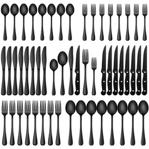 48-Piece Black Silverware Set with Steak Knives, Black Flatware Set for 8, Stainless Steel Cutlery Set, Tableware Utensils Includes Spoons Forks Knives for Home, Kitchen, Restaurant