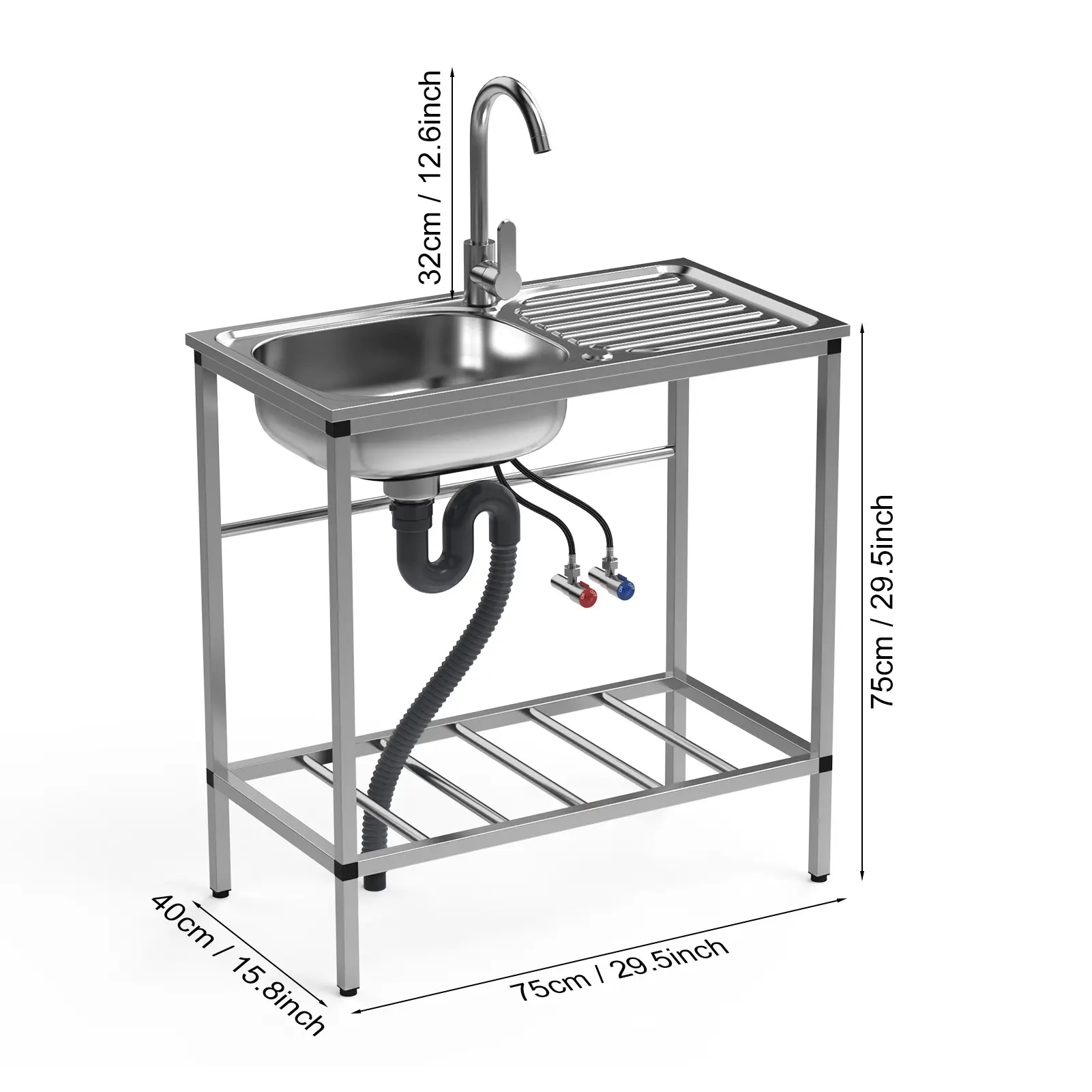Stainless Steel Utility Sink Set, Freestanding Single Bowl Kitchen Sink, Outdoor Sink Station with Hose Hook Up, Hot & Cold Faucet, Storage Shelves for Garage, Restaurant, Kitchen, Laundry Room