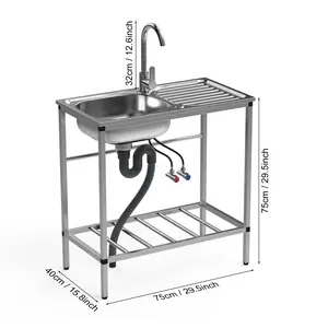 Stainless Steel Utility Sink Set, Freestanding Single Bowl Kitchen Sink, Outdoor Sink Station with Hose Hook Up, Hot & Cold Faucet, Storage Shelves for Garage, Restaurant, Kitchen, Laundry Room