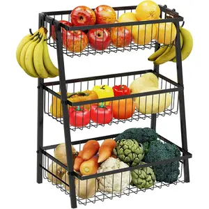 3-Tier Fruit Basket Metal Wire with 4 Banana Hooks (Black)