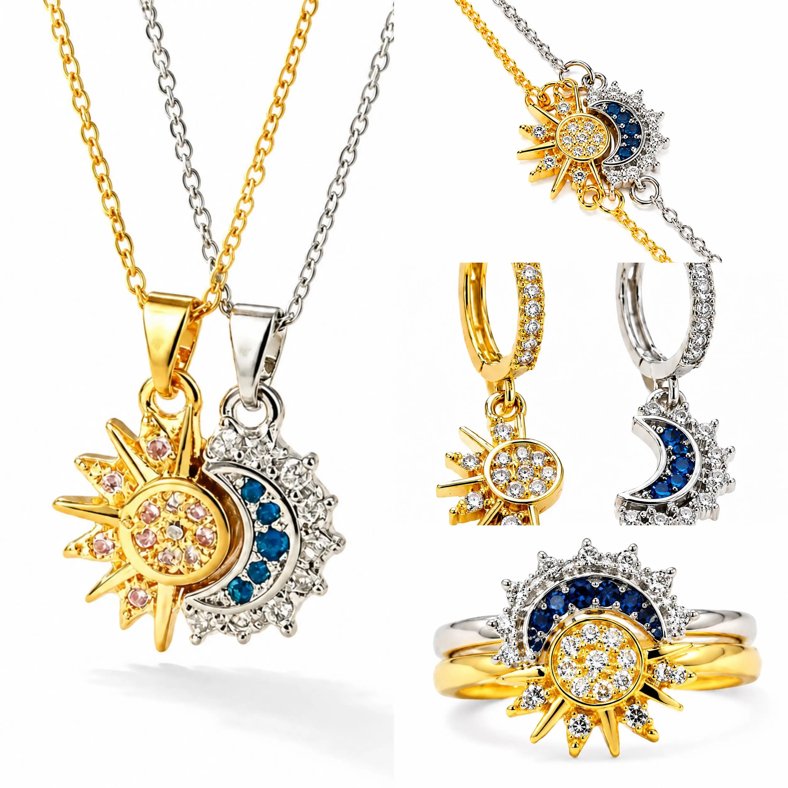 Sun Moon Jewelry Set for Women, Celestial Necklace Bracelet Earrings Ring Set, Stainless Steel Couple Matching Jewelry, Romantic Gift for Her