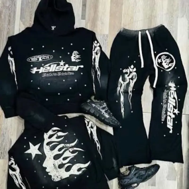 Hell Star Full Outfit - Black Hoodie & Pants Set with White Flame Design and Stars Pattern