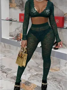 Lady Luxe Fashions Women’s Floral Lace Two‑Piece Set – Long‑Sleeve Lace Crop Top and Matching Leggings