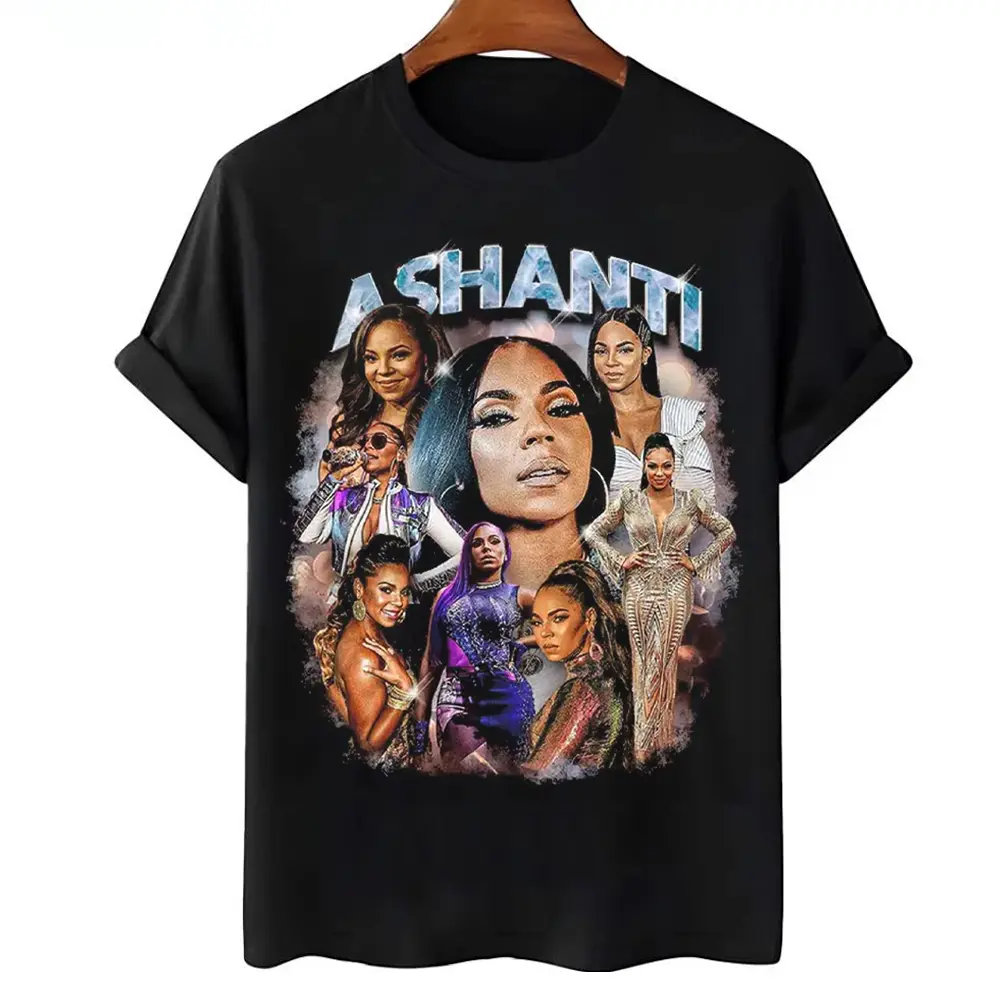 Women's Fitted Soft Cotton Short-Sleeve Round Neck Casual T-Shirt - Ashanti Vintage 2000s R&B Queen Digital Print, Soft Glam Aesthetic, TikTok Trend, Basic Graphic Top, S-5XL, All Seasons